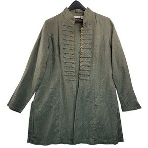 Soft Surroundings Women's Sheffield Green Military Long Jacket L Ramie Utility
